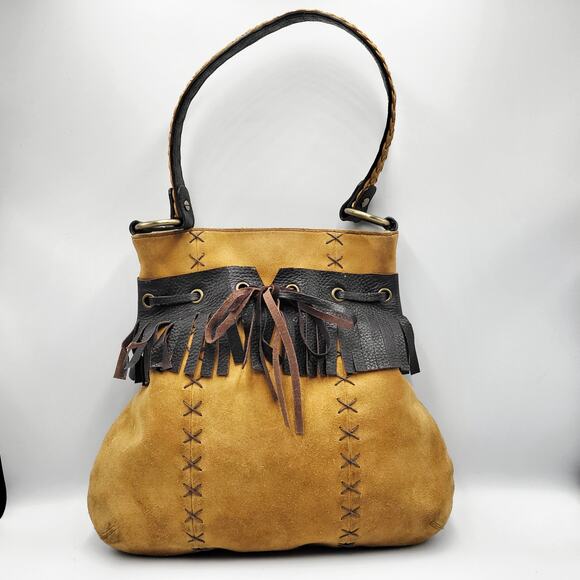 Inge Sport Handbags - Vintage Inge Sport Camel Tan Suede Stitched Fringe Accent Shoulder Bag Hippie